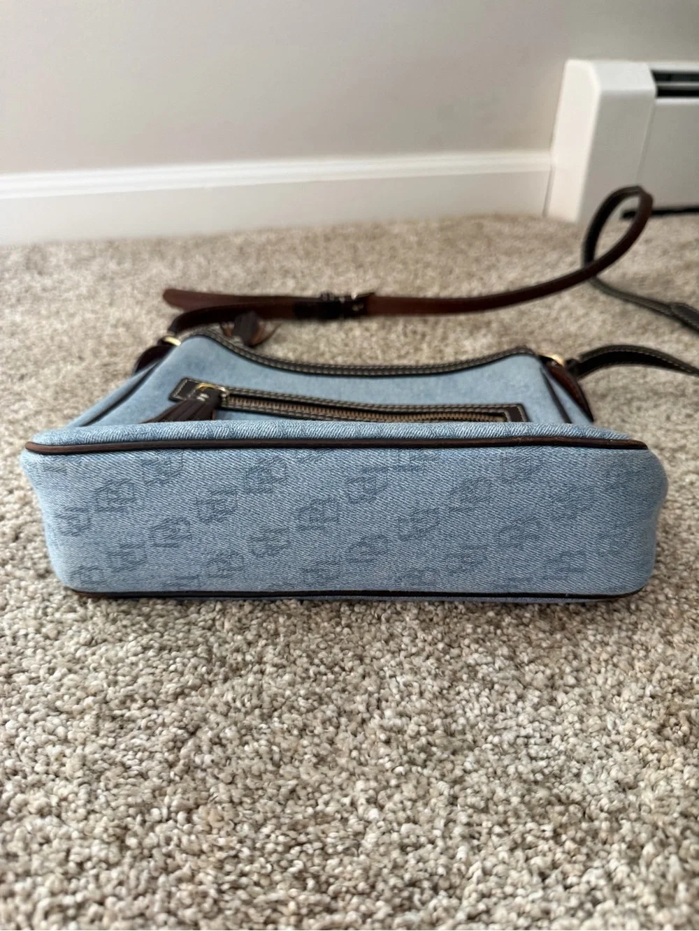 Dooney & Bourke Blue Denim Monogram Crossbody Bag Brown Leather Tassels